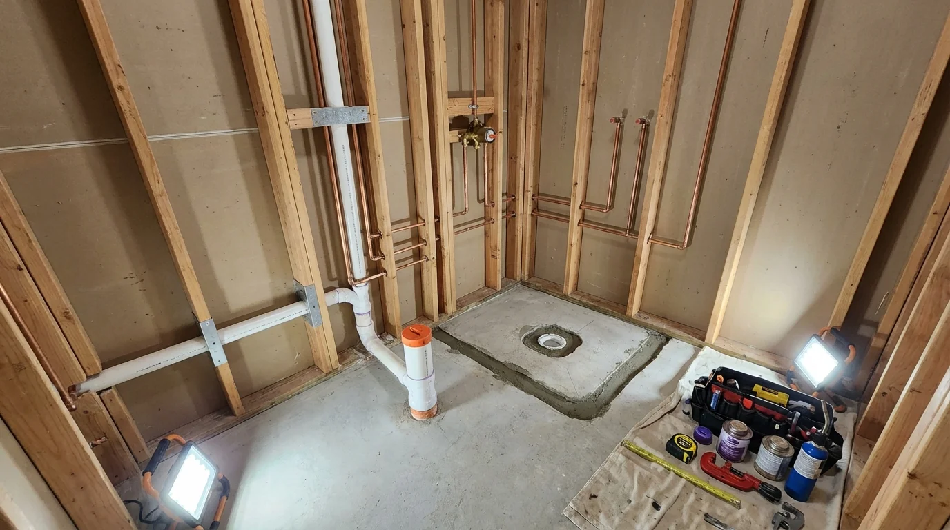 Bathroom rough-in plumbing during remodel by Johns Plumbing LLC in Glen Lyon