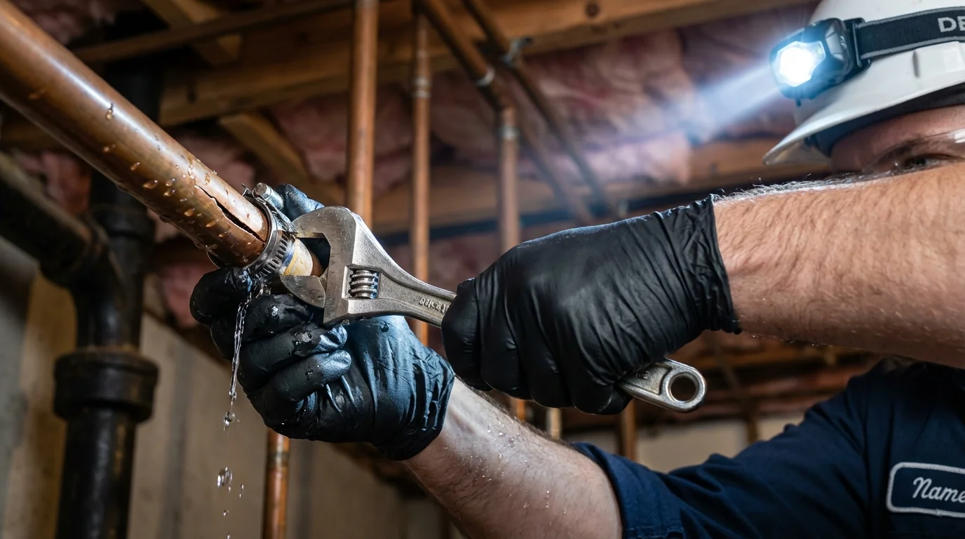 Emergency pipe clamp repair being performed by a Johns Plumbing LLC plumber in Glen Lyon