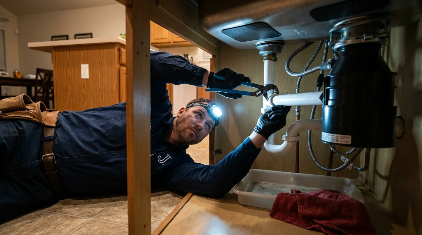 P-trap and supply line connections under a kitchen sink showing a common leak point in Glen Lyon, PA